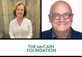 a headshot of a woman, the McCain Foundation logo, a headshot of a man with glasses