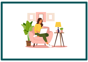 Graphic of a woman sitting on a chair and looking at a laptop. There are three picture frames behind her, a plant to her left and a table and lamp to her right.