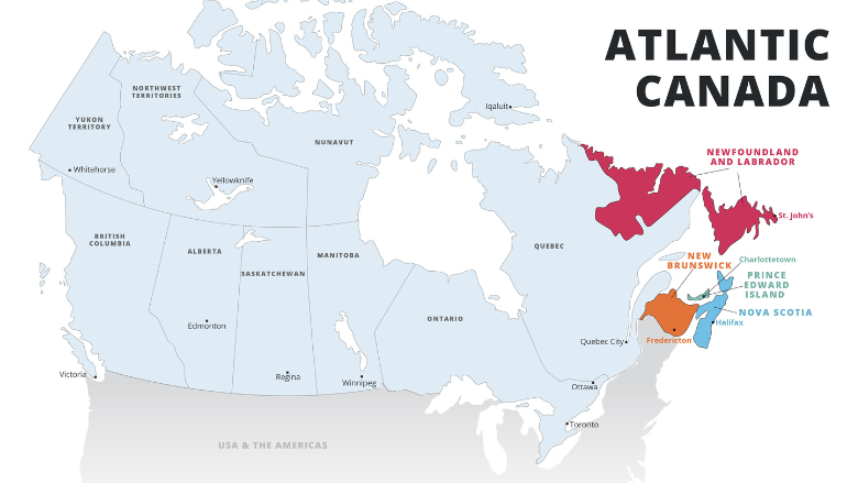 A map of Canada highlighting the different provinces that make up Atlantic Canada