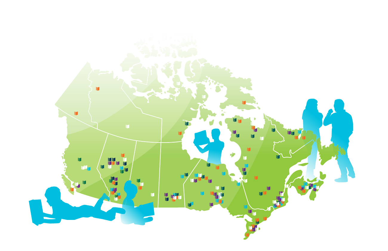 Map of Canada. Each province and territory is a different colour. There are dots showing everywhere United for Literacy has a program running.